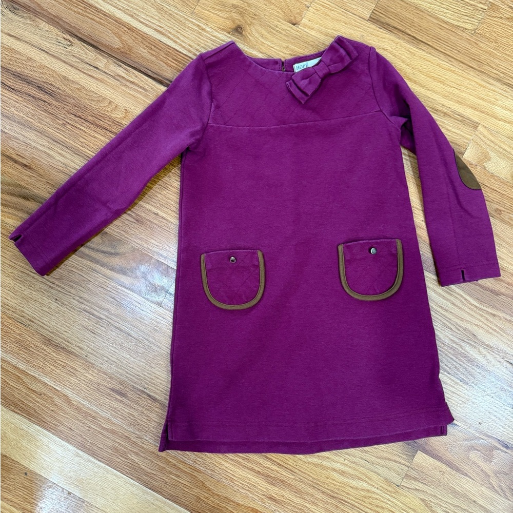 Hope & Henry Girls Dress in Cranberry with Brown Leather Details (Size 5)